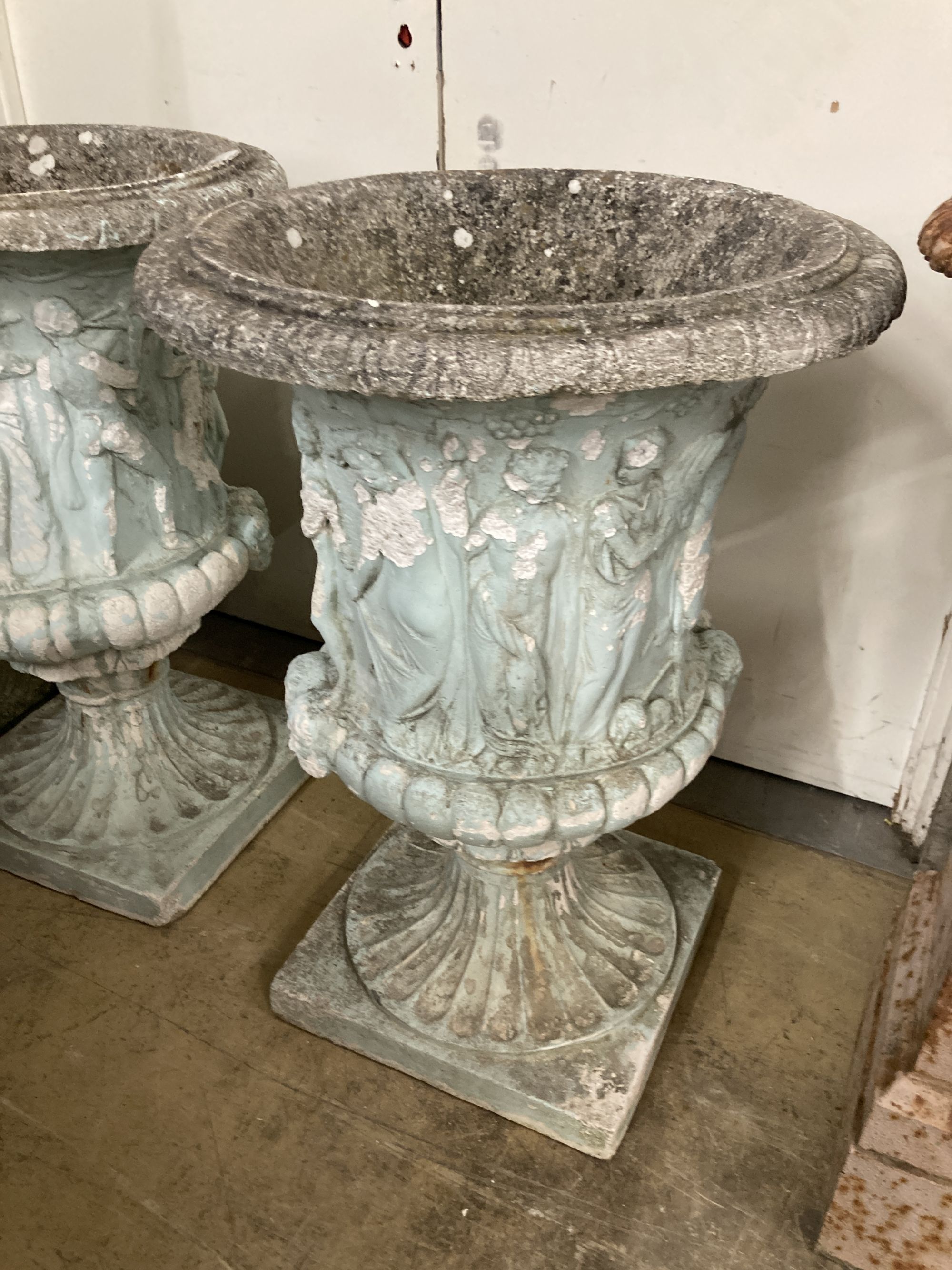 A pair of painted reconstituted stone campana garden urns, diameter 62cm, height 90cm